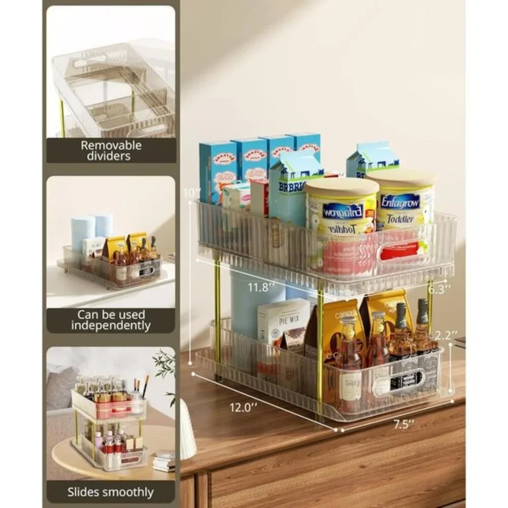 New 2-Tier Champagne Gold Makeup Organizer with Dividers for Vanity & Room